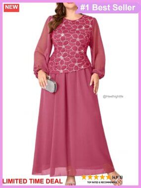 Plus Size Floral Sequin Maxi Evening Gown Long Sleeve Chiffon Formal Dress